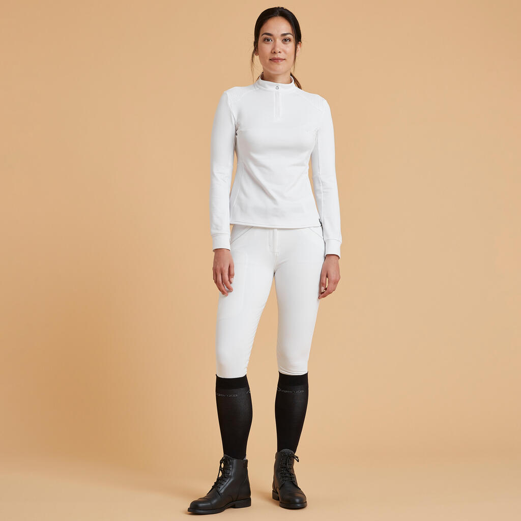 Reit-Poloshirt Langarm 500 Turnier warm Damen weiß