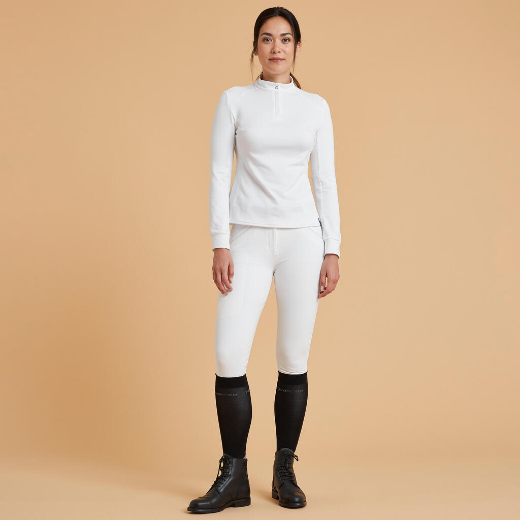 Sieviešu garpiedurkņu zirgu jāšanas sacīkšu polo krekls “500”, balts