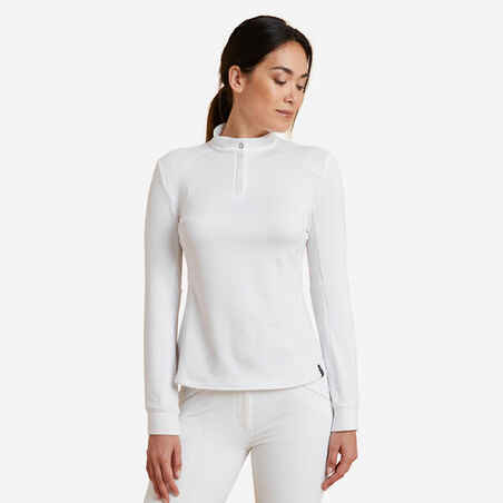 Women's Horse Riding Long-Sleeved Warm Competition Polo 500 - White