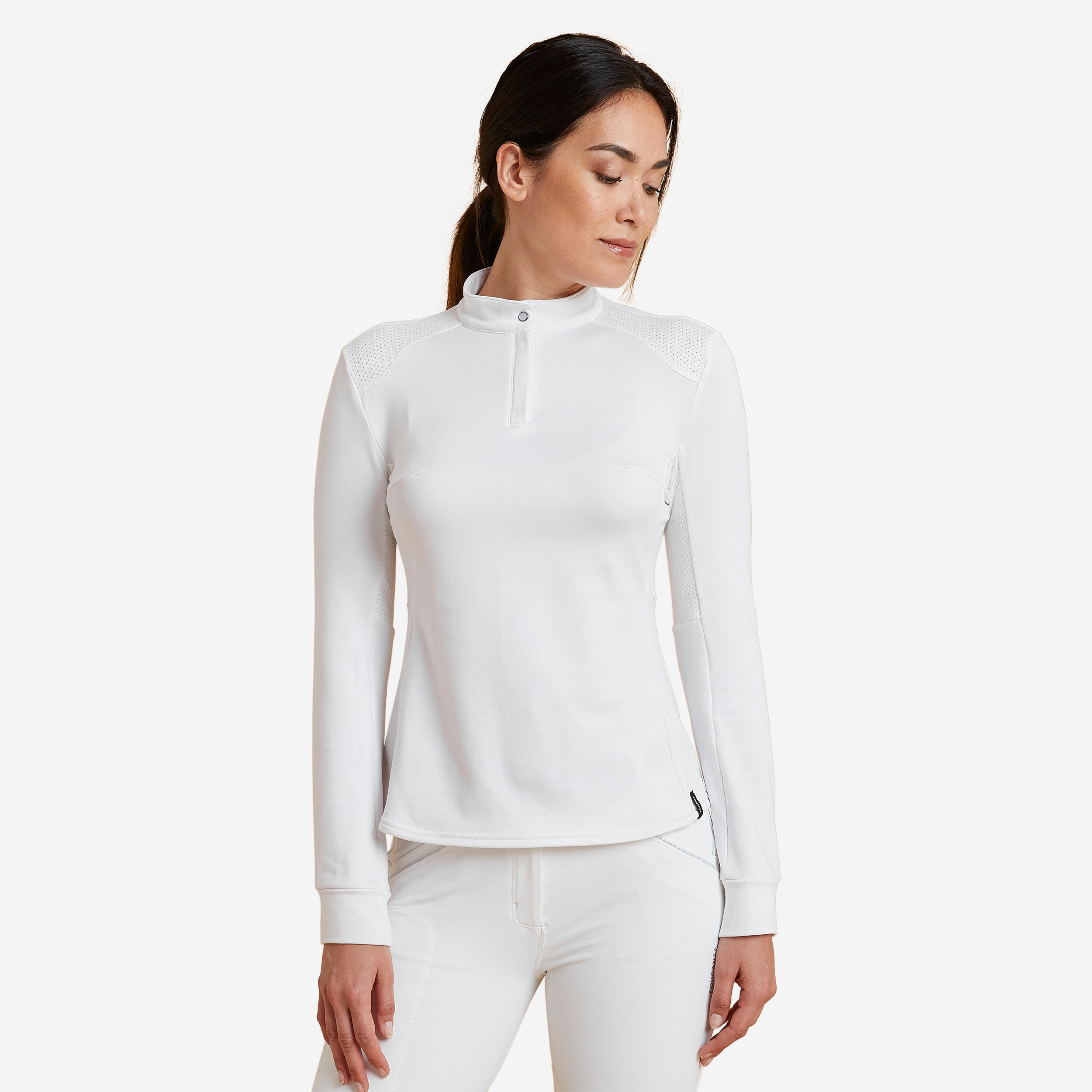 Reit-Poloshirt Langarm 500 Turnier warm Damen weiß