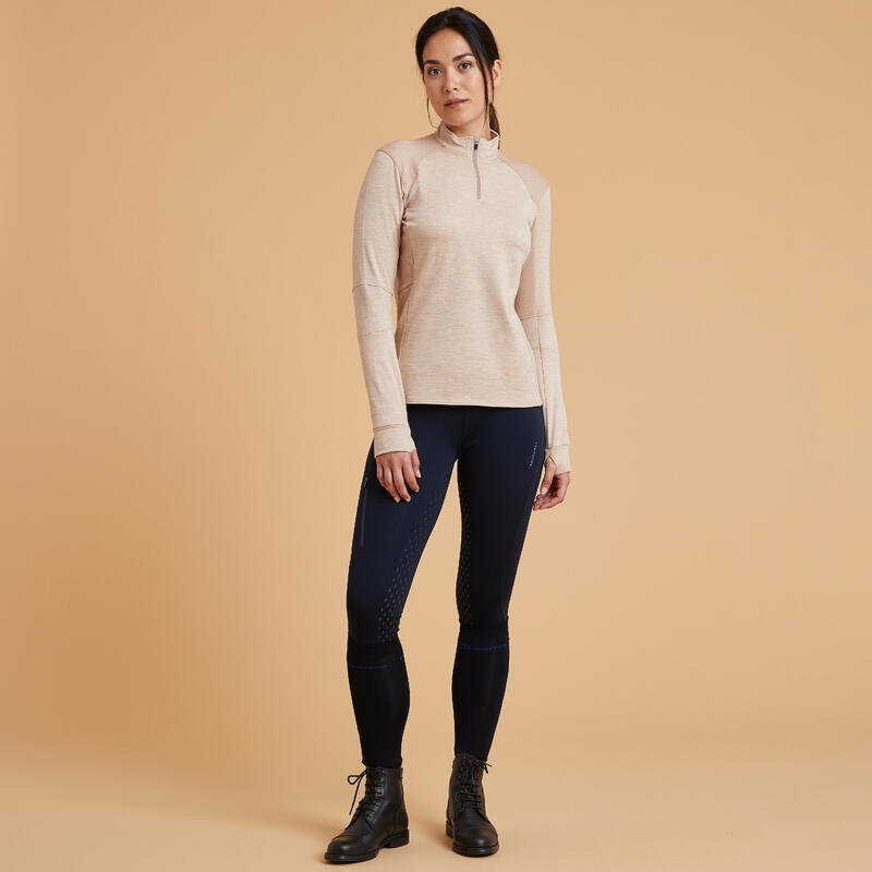 Polo chaud d'équitation à manches longues 500 WARM femme beige nougat