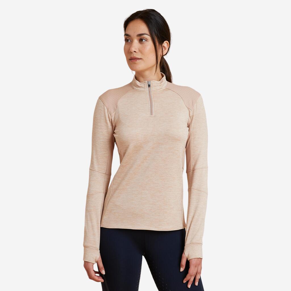 Women's Long-Sleeved Horse Riding Polo Shirt 500 Warm - Beige Nougat