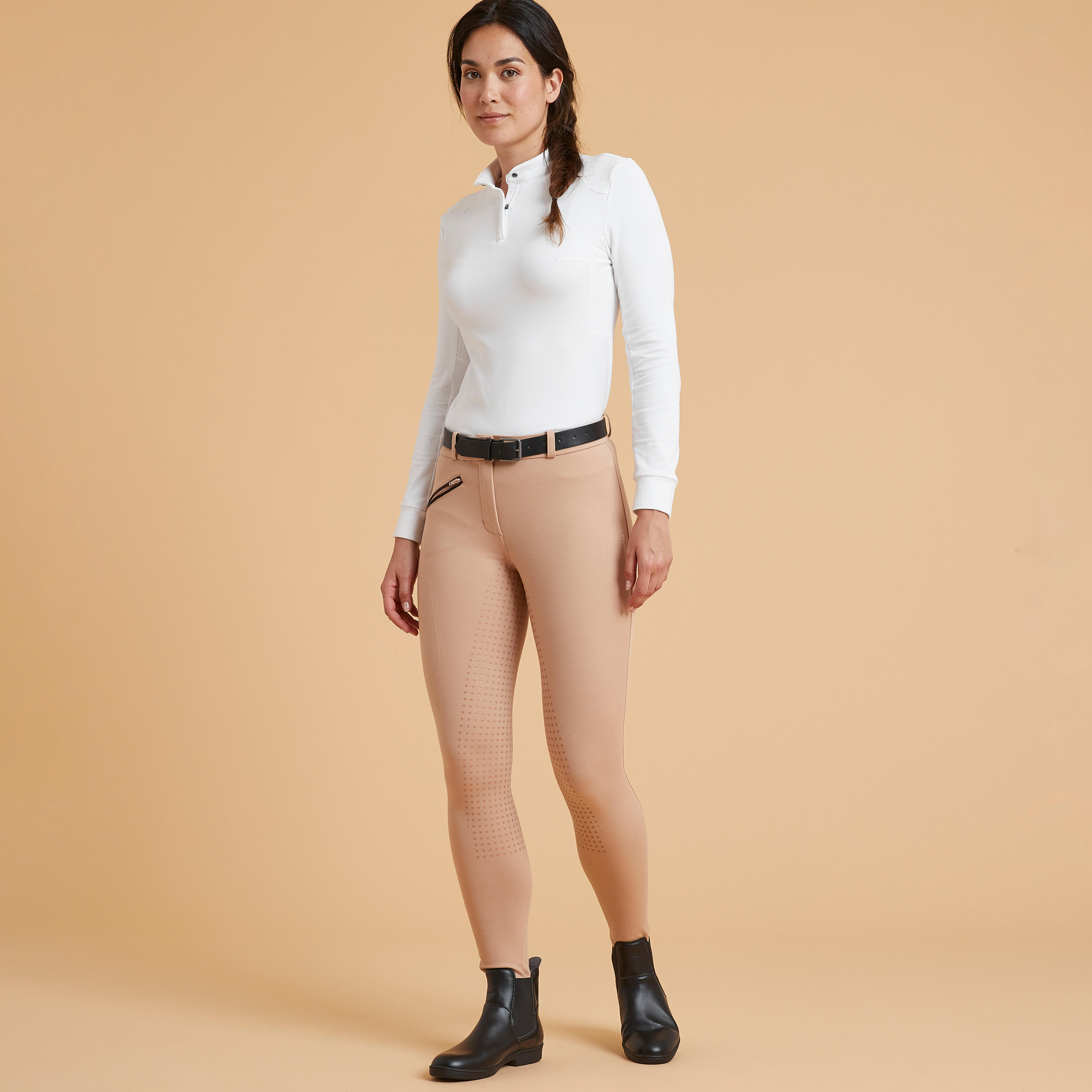 Pantalon chaud équitation femmes - 180 Fullgrip Assise silicone beige poudré - FOUGANZA