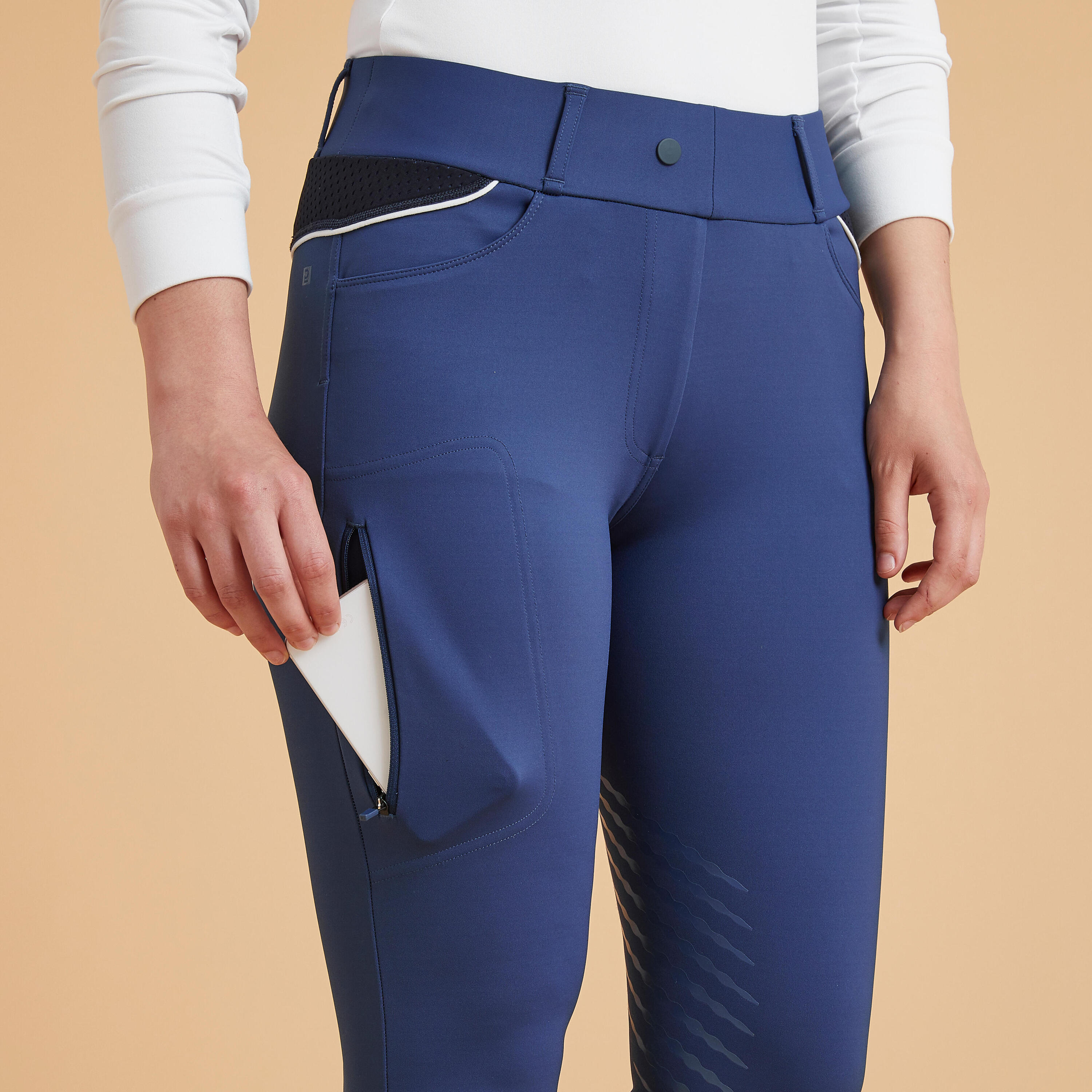 Calças Justas de Equitação Mulher 900 Grip Azul Turqui 3/8