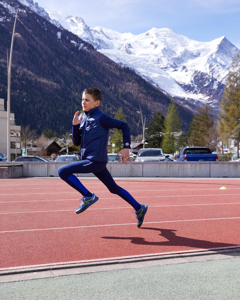 CALÇAS JUSTAS DE CORRIDA CRIANÇA - KIPRUN DRY+ AZUL MARINHO E AZUL ELÉTRICO