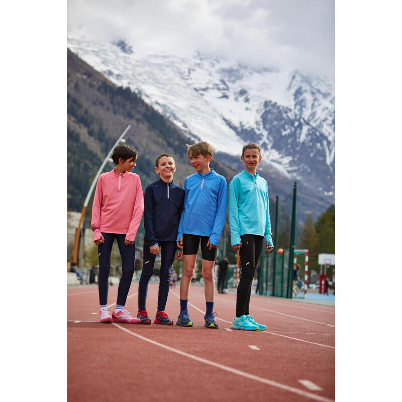 MAILLOT MANCHES LONGUES RUNNING ENFANT 1/2 ZIP CHAUD - KIPRUN WARM BLEU