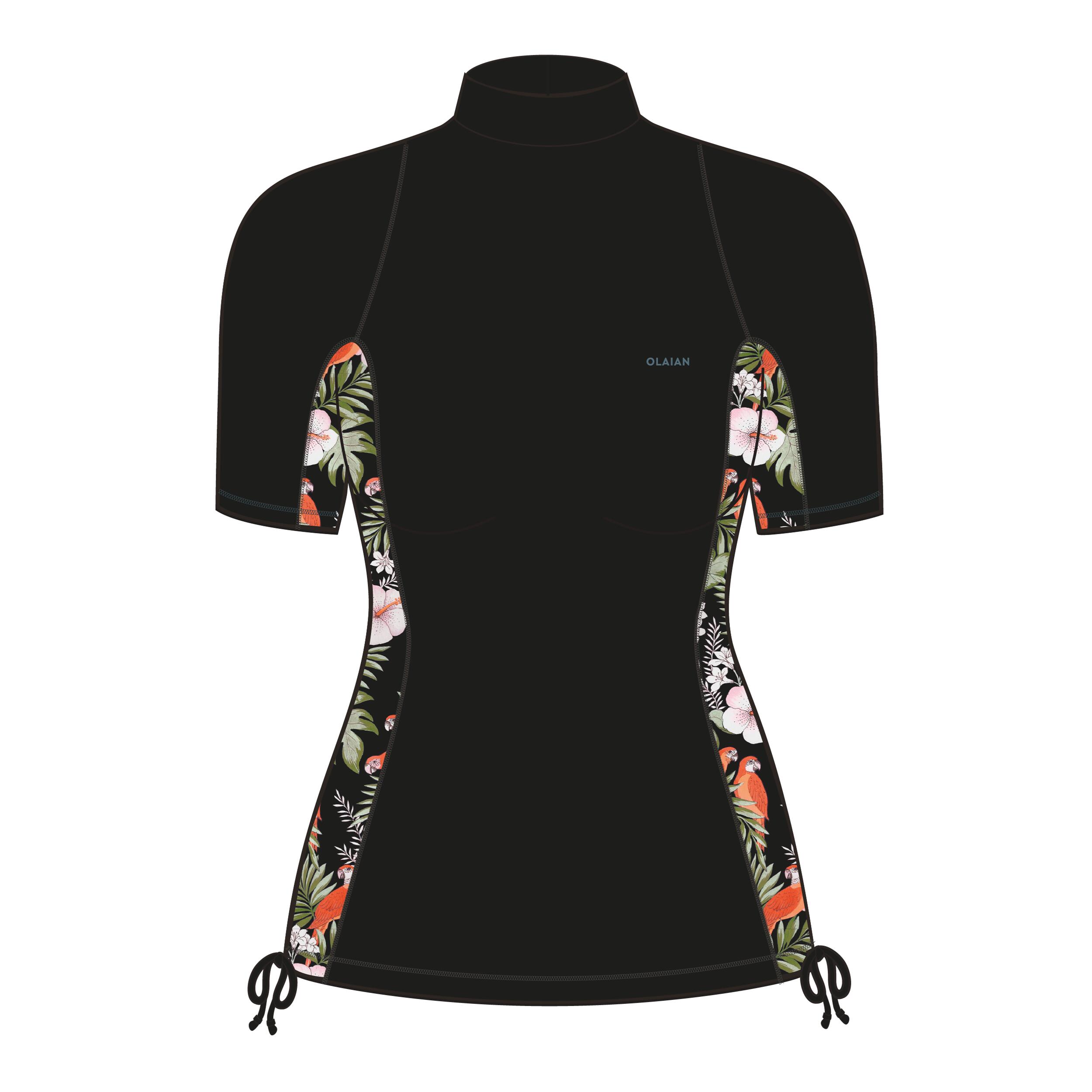 Playera de surf anti-UV de manga corta negra con flores para mujer 500 Parrot 10/15