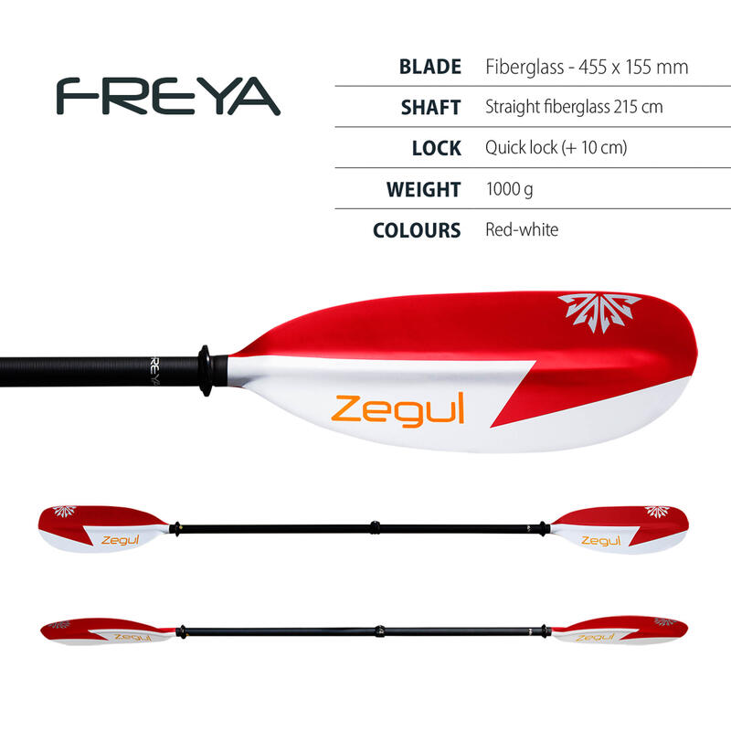 Kajak-Paddel Glasfaser Zegul Freya vierteilig zerlegbar verstellbar 220–240 cm