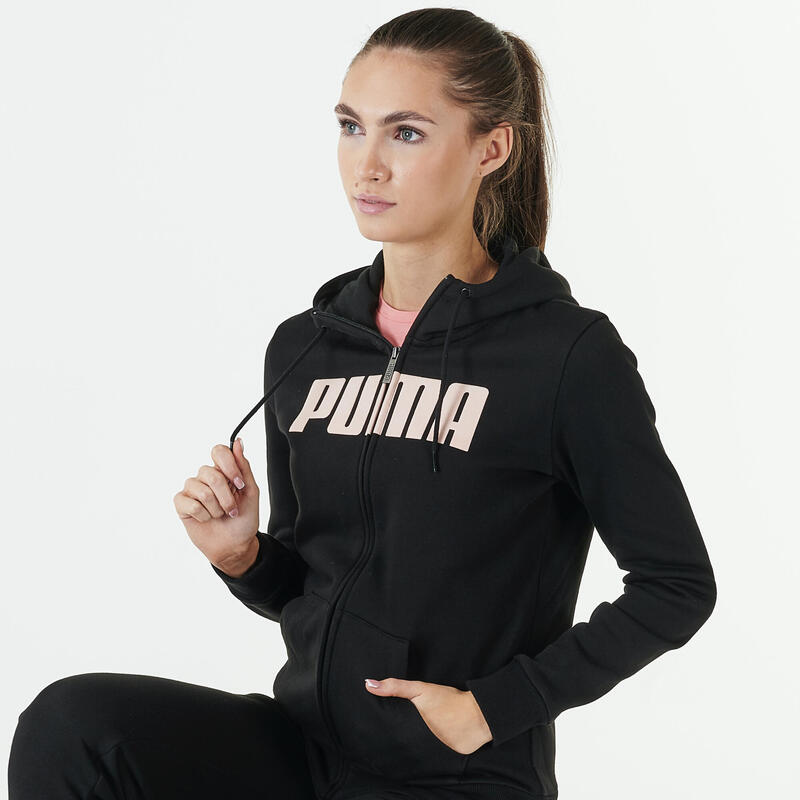 Felpa donna fitness Puma misto cotone con cappuccio nera-rosa