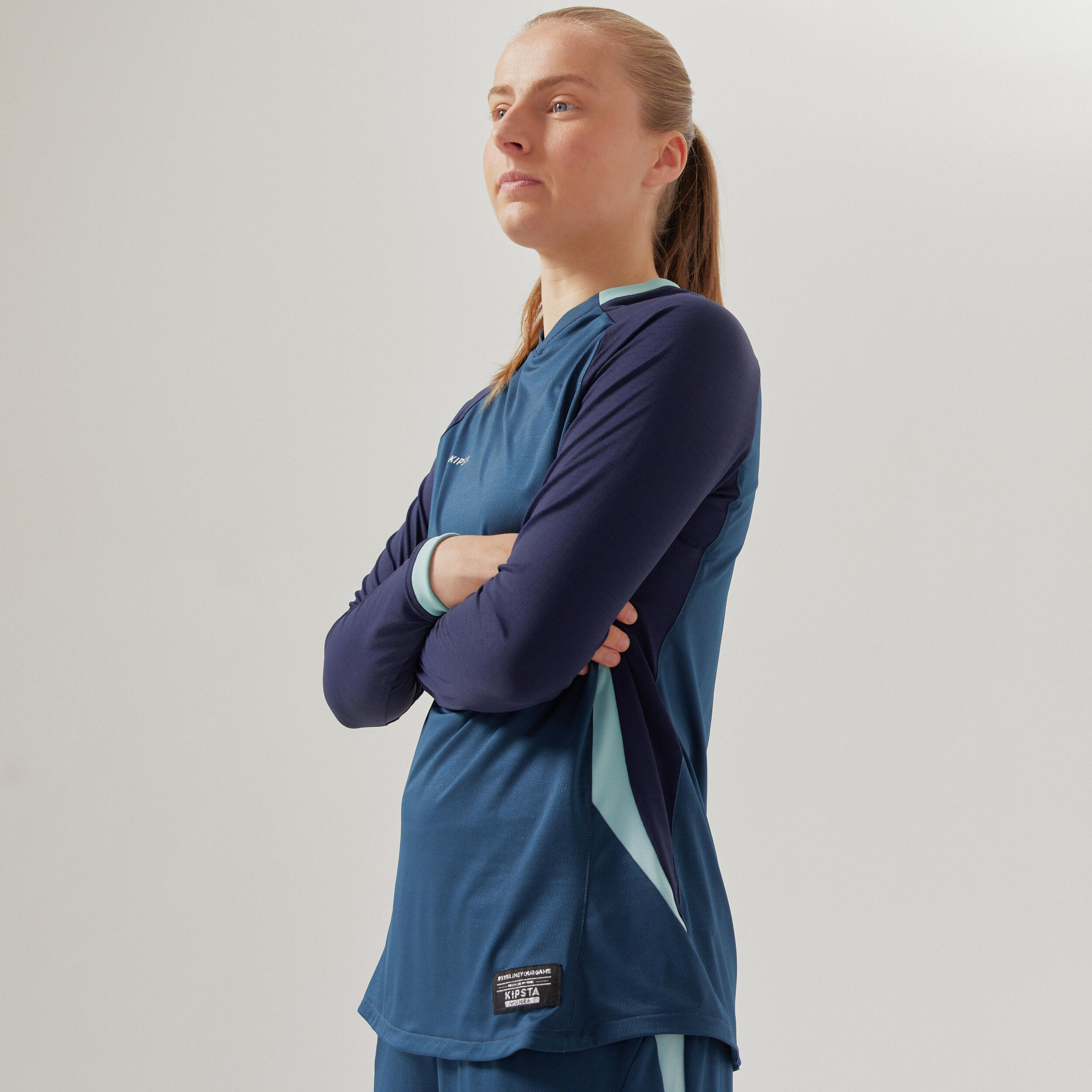 Maglia da calcio blu da donna, maniche lunghe, slim fit