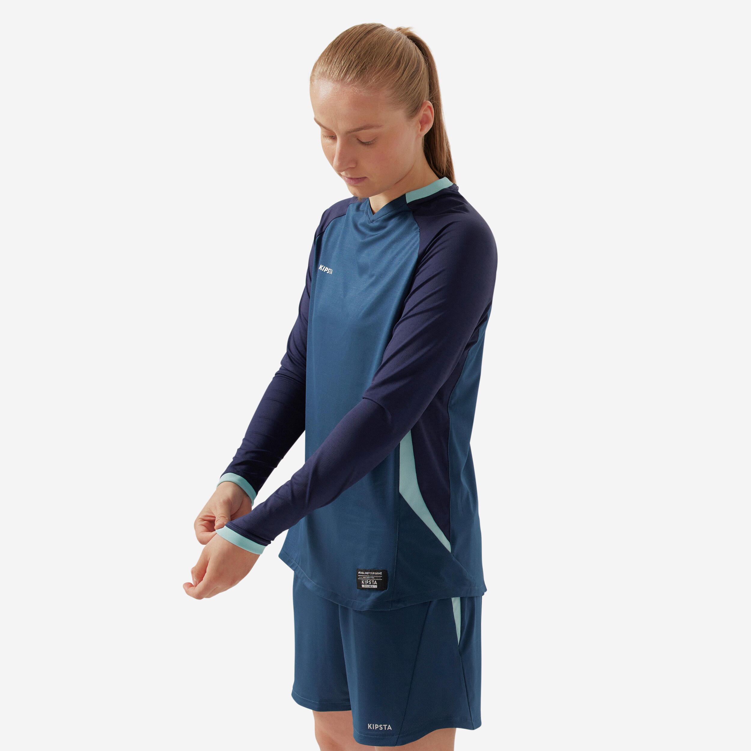 Maglia da calcio blu da donna, maniche lunghe, slim fit