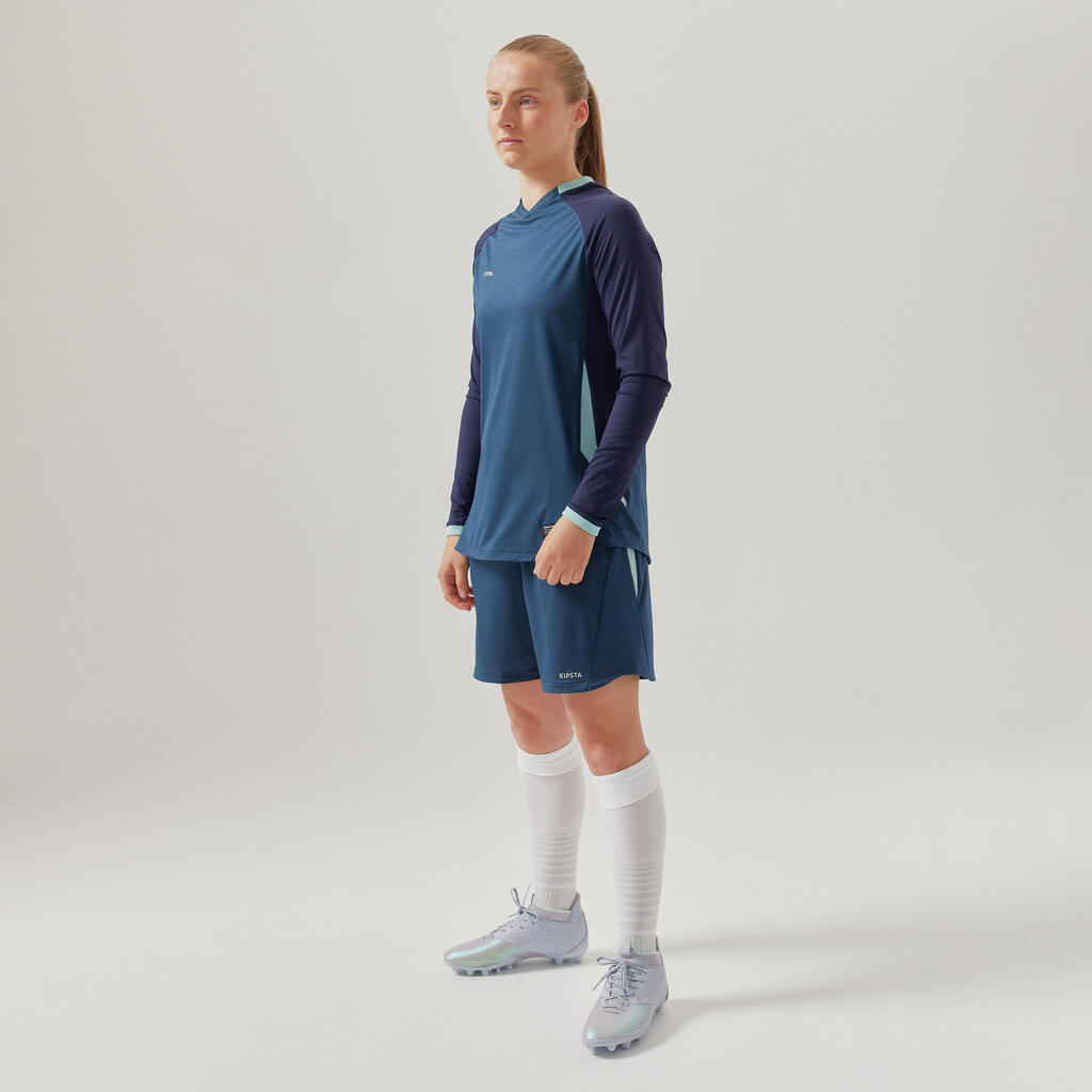 Dámsky futbalový dres dlhý rukáv úzky strih modrý
