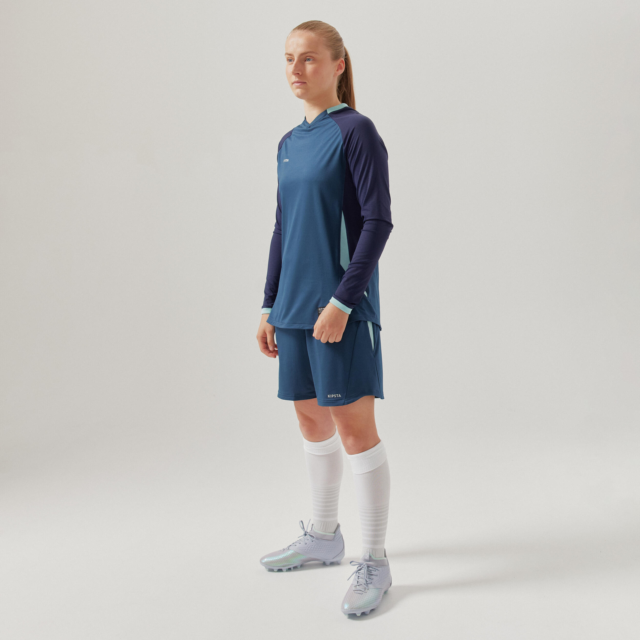 Maglia da calcio blu da donna, maniche lunghe, slim fit