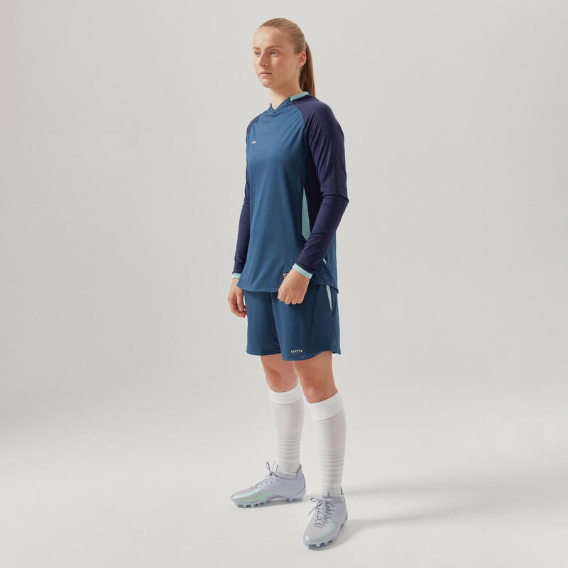 Voetbalshirt dames 900 lange mouwen slim-fit blauw