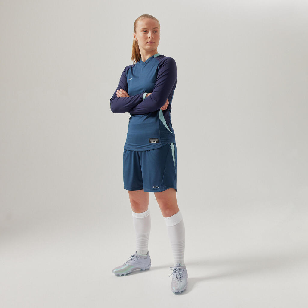 Moteriški prigludę futbolo marškinėliai ilgomis rankovėmis, mėlyni
