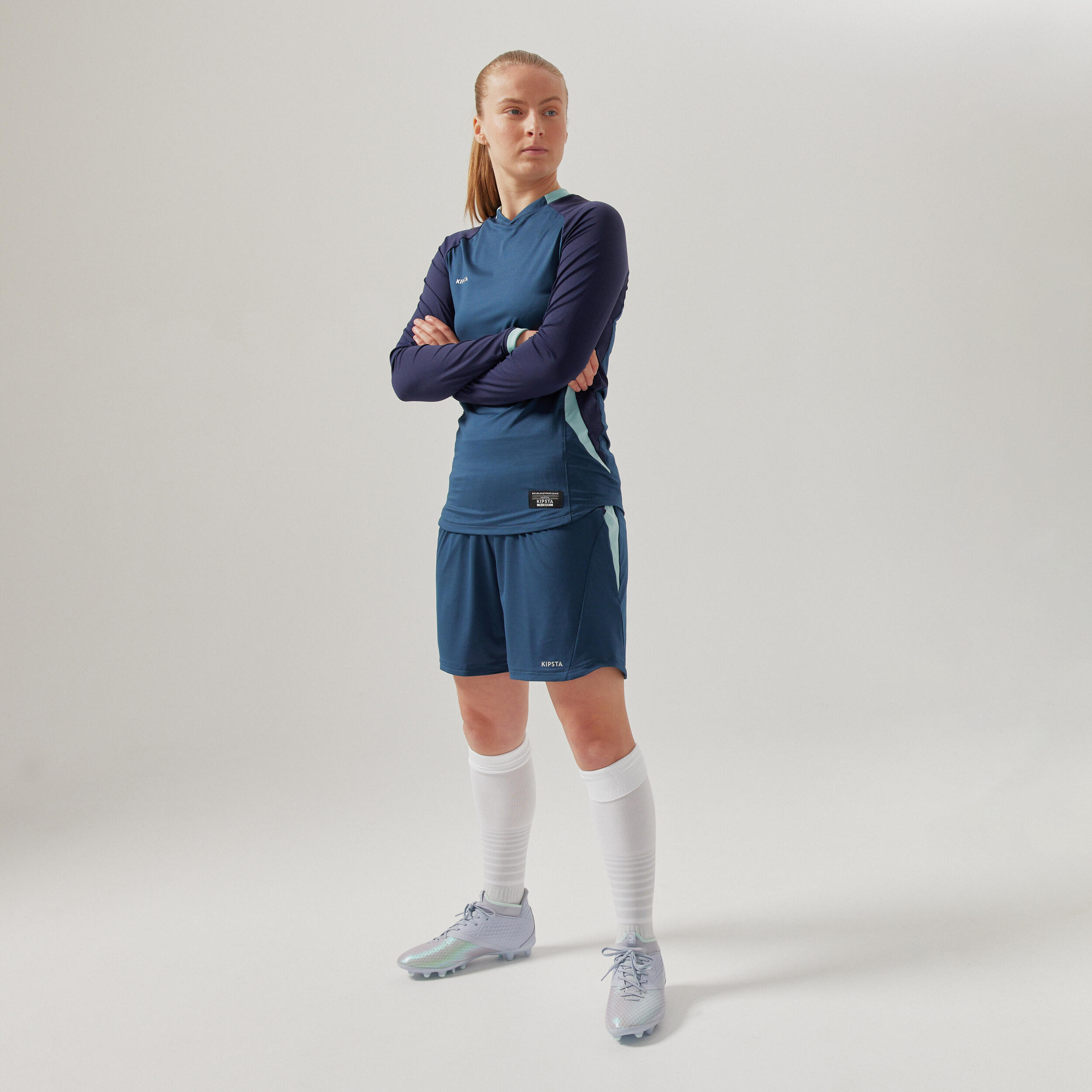 Maglia da calcio blu da donna, maniche lunghe, slim fit