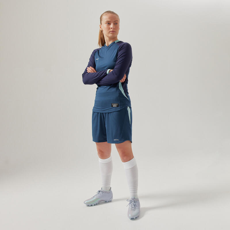 Maillot de football femme bleu, manches longues, coupe slim