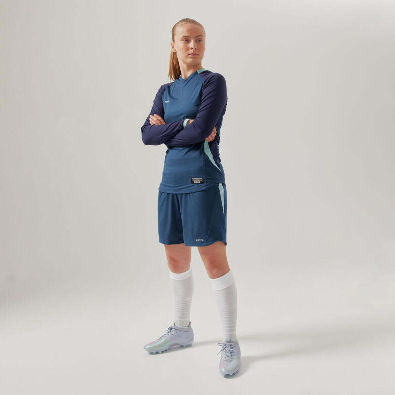 Voetbalshirt met lange mouwen voor dames aansluitende pasvorm blauw