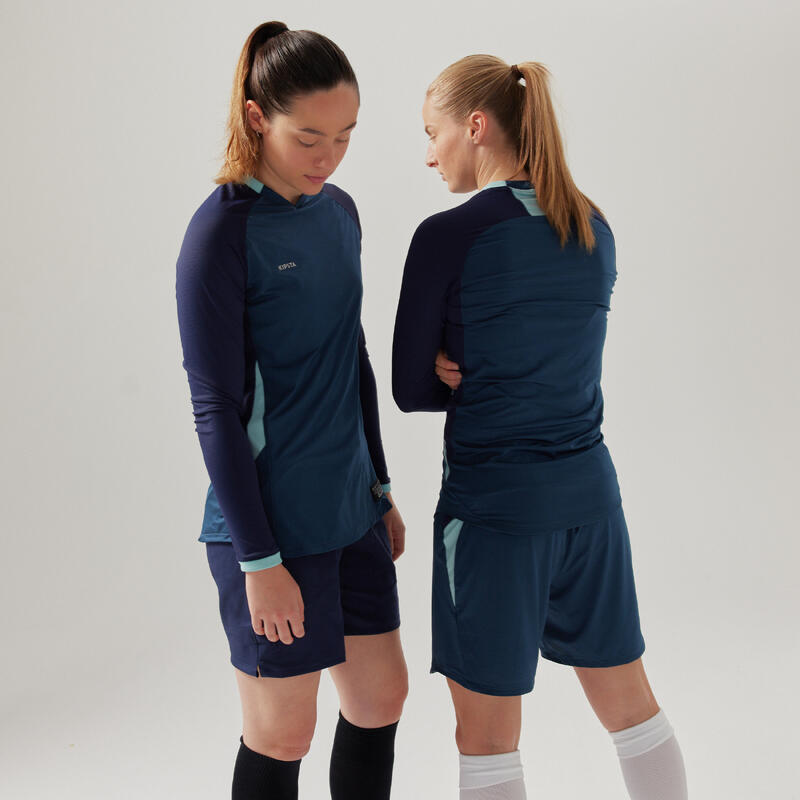 Voetbalshirt met lange mouwen voor dames rechte snit blauw