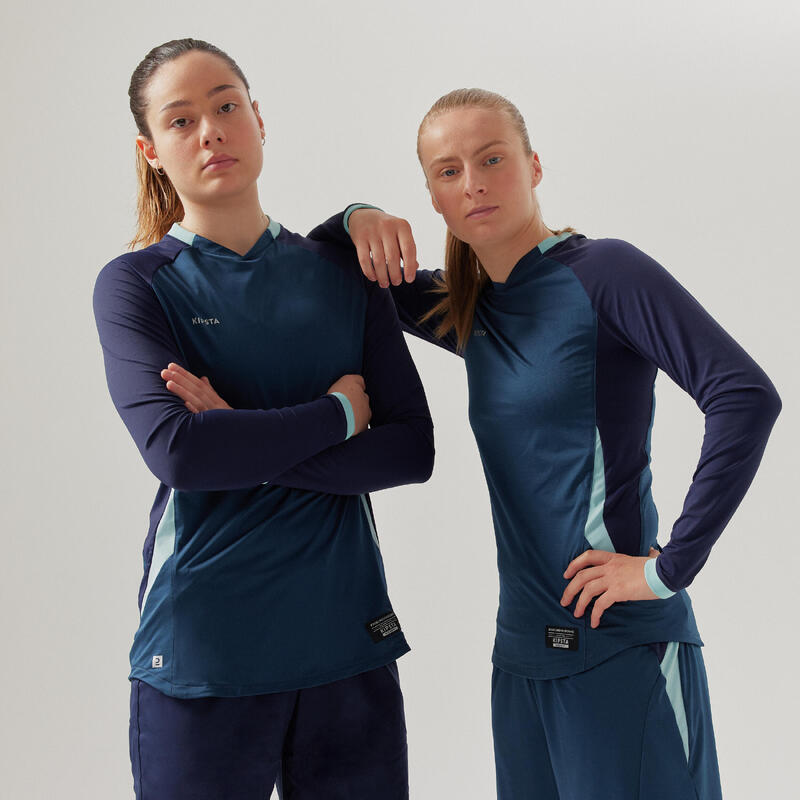 Voetbalshirt met lange mouwen voor dames aansluitende pasvorm blauw