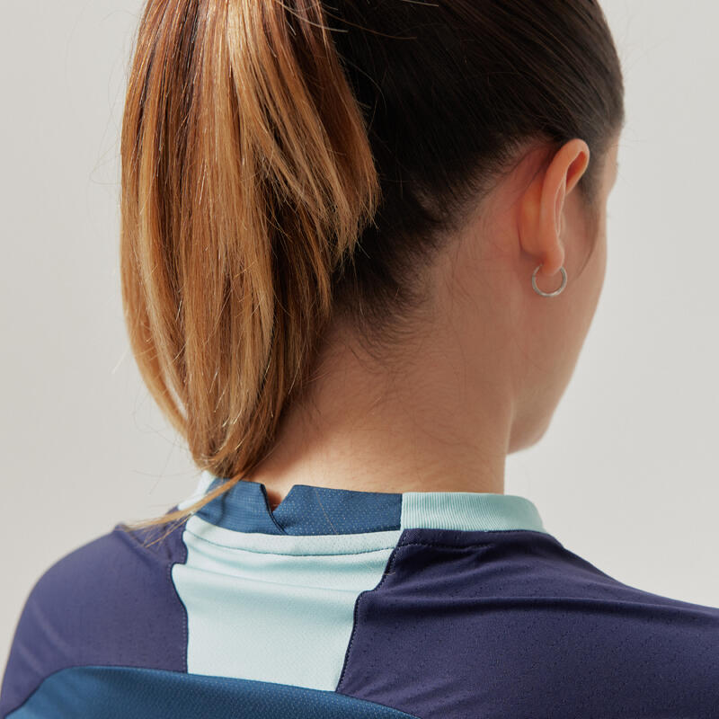 Camiseta de fútbol mujer azul, manga corta, corte slim