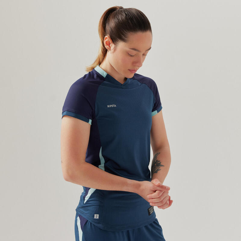 Voetbalshirt met korte mouwen voor dames nauwsluitende snit blauw