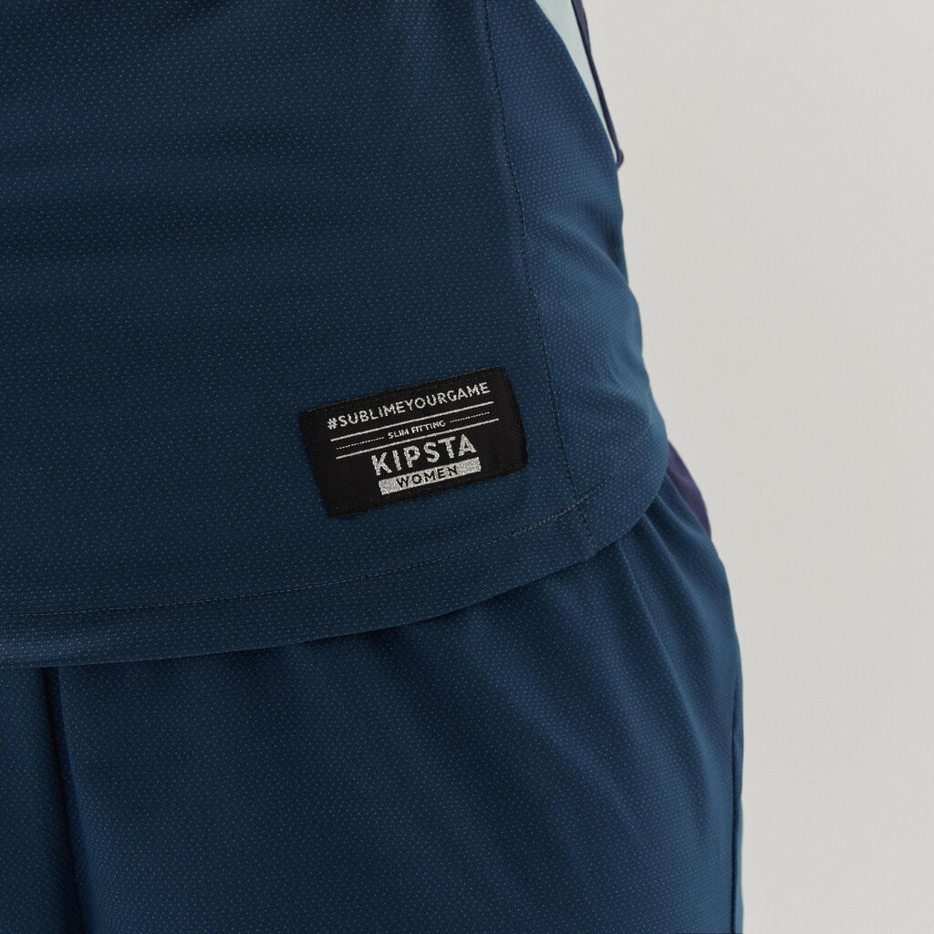 Dámsky futbalový dres s krátkym rukávom úzky strih modrý 