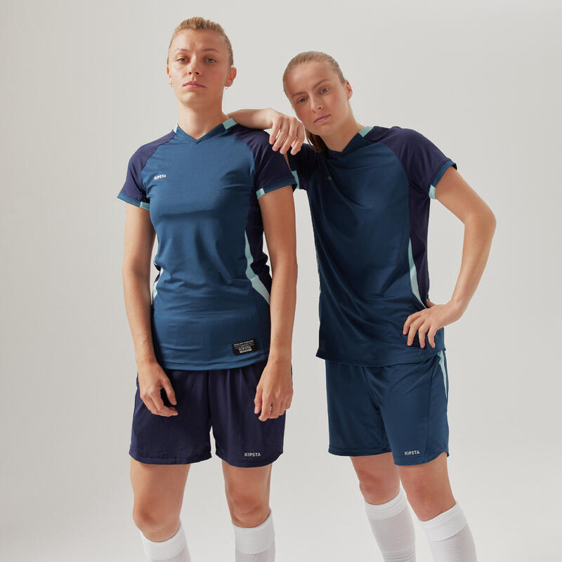 Camiseta de fútbol para mujer azul, manga corta, corte ajustado