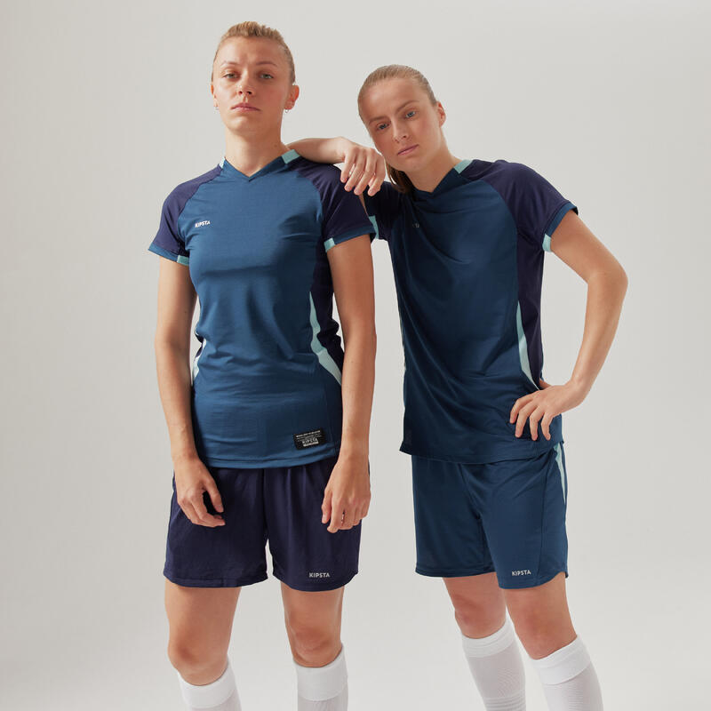 Maillot de football femme bleu, manche courte, coupe slim