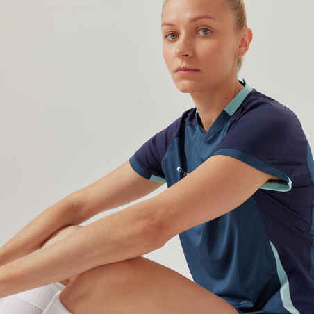 Moteriški tiesaus kirpimo futbolo marškinėliai  trumpomis rankovėmis, mėlyni