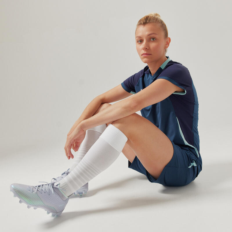 Maillot de football femme bleu, manche courte, coupe droite