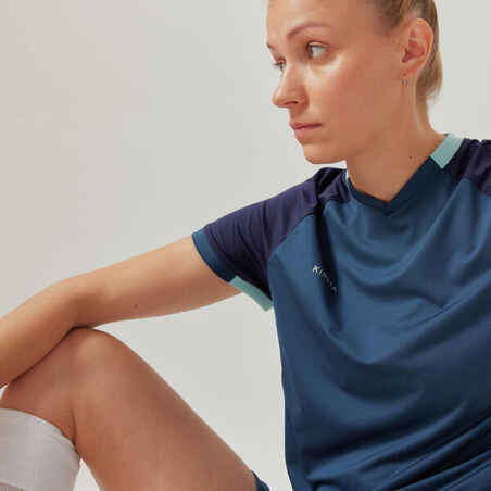 Moteriški tiesaus kirpimo futbolo marškinėliai  trumpomis rankovėmis, mėlyni