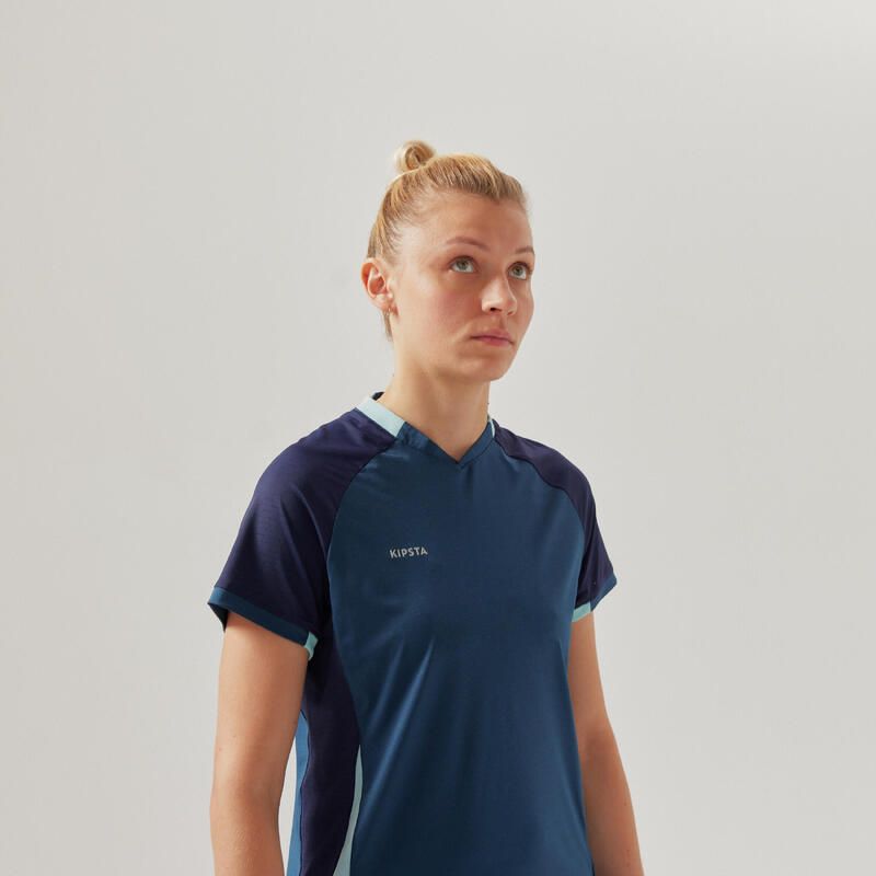 Maillot de football femme bleu, manche courte, coupe droite