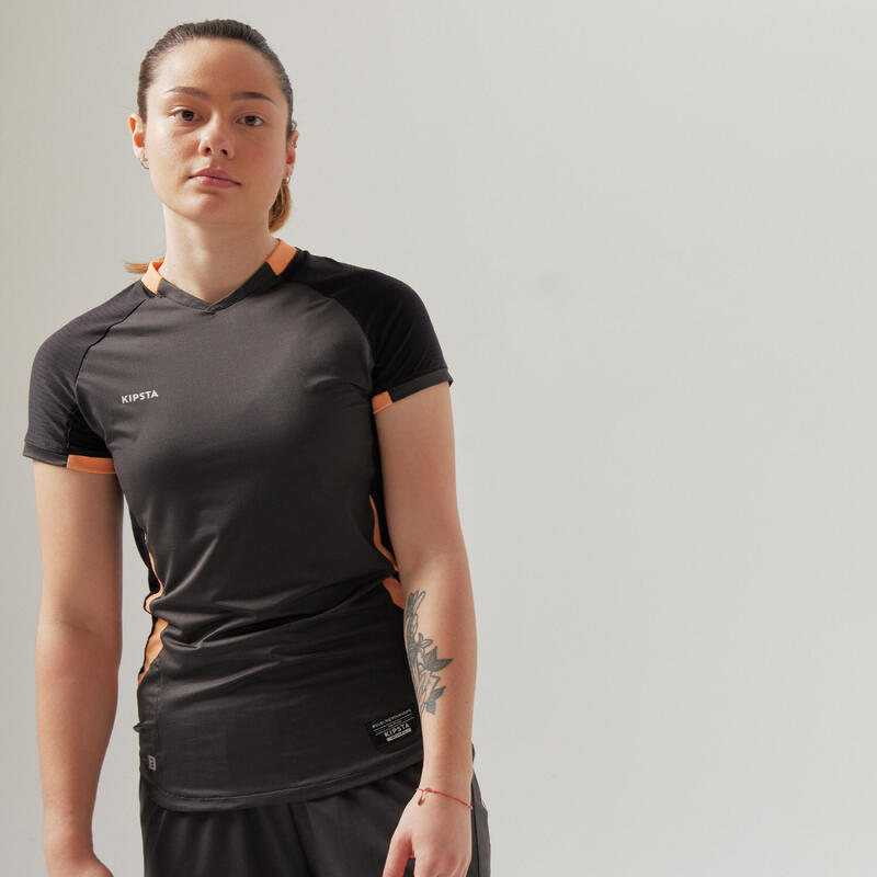 Maillot football femme noir, manche courte, coupe droite
