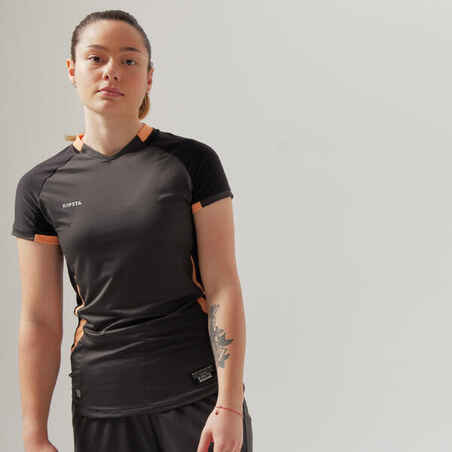 Moteriški tiesaus kirpimo futbolo marškinėliai trumpomis rankovėmis, juodi