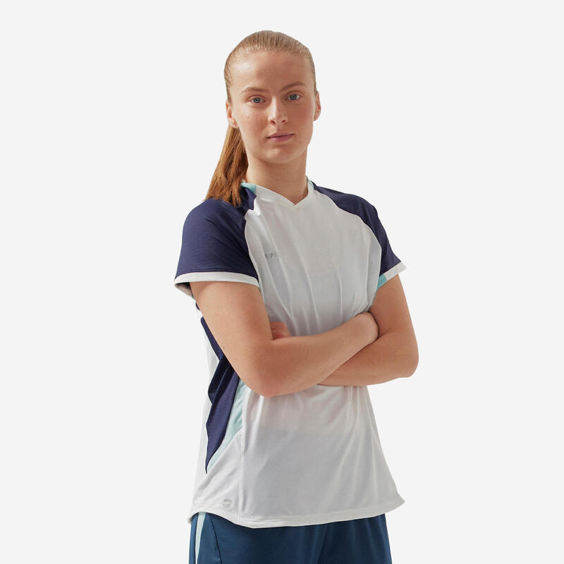 Camiseta de fútbol mujer blanca, manga corta, corte recto