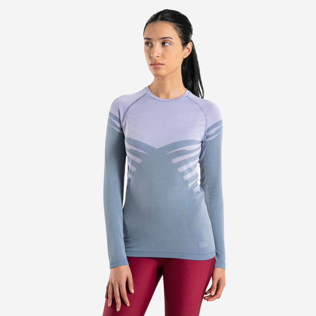 Sieviešu ērts bezvīļu krekls ar garām piedurknēm taku skriešanai, zils/ceriņu