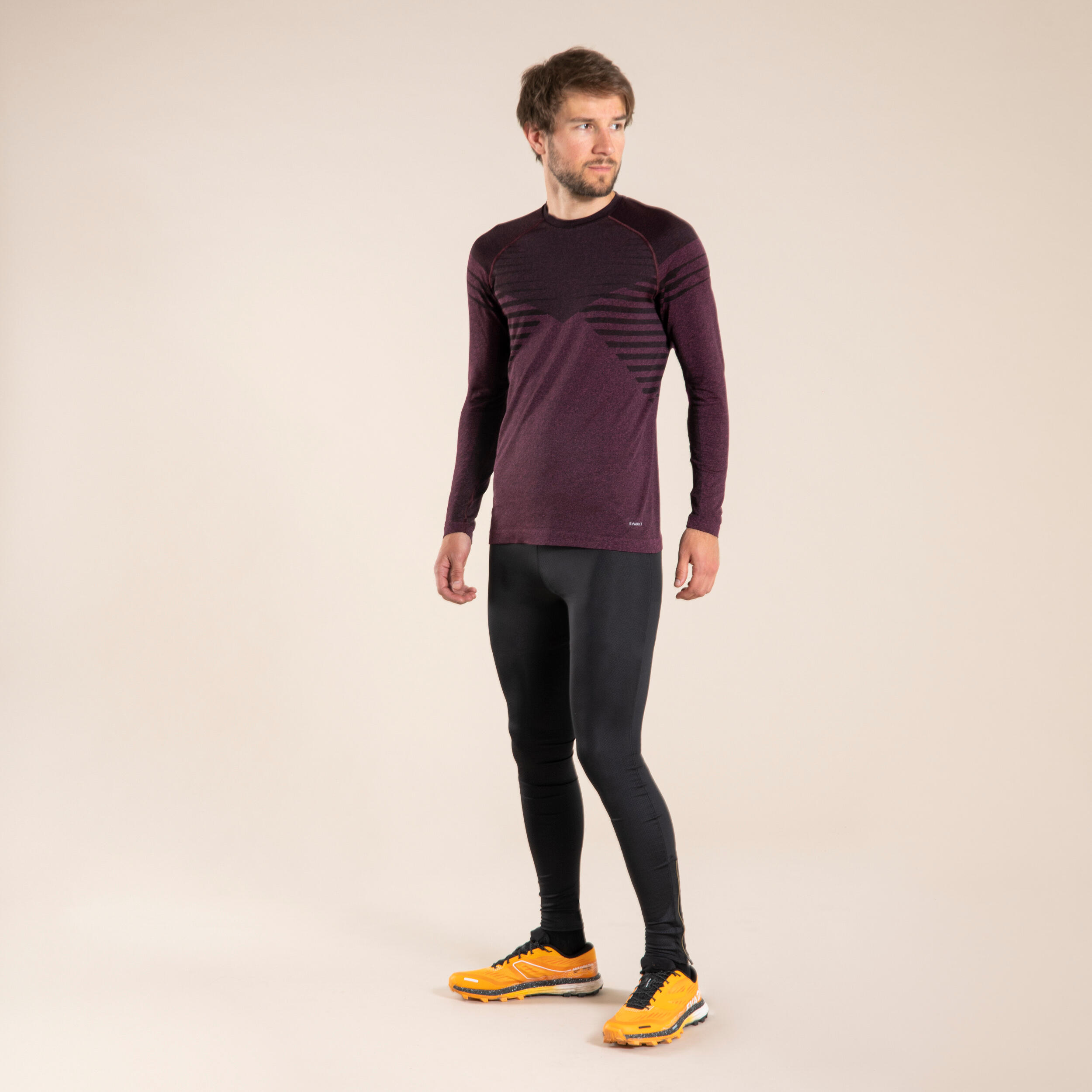 MEN'S LONG-SLEEVED SEAMLESS COMFORTABLE TRAIL RUNNING T-SHIRT - BLACK BURGUNDY 6/7