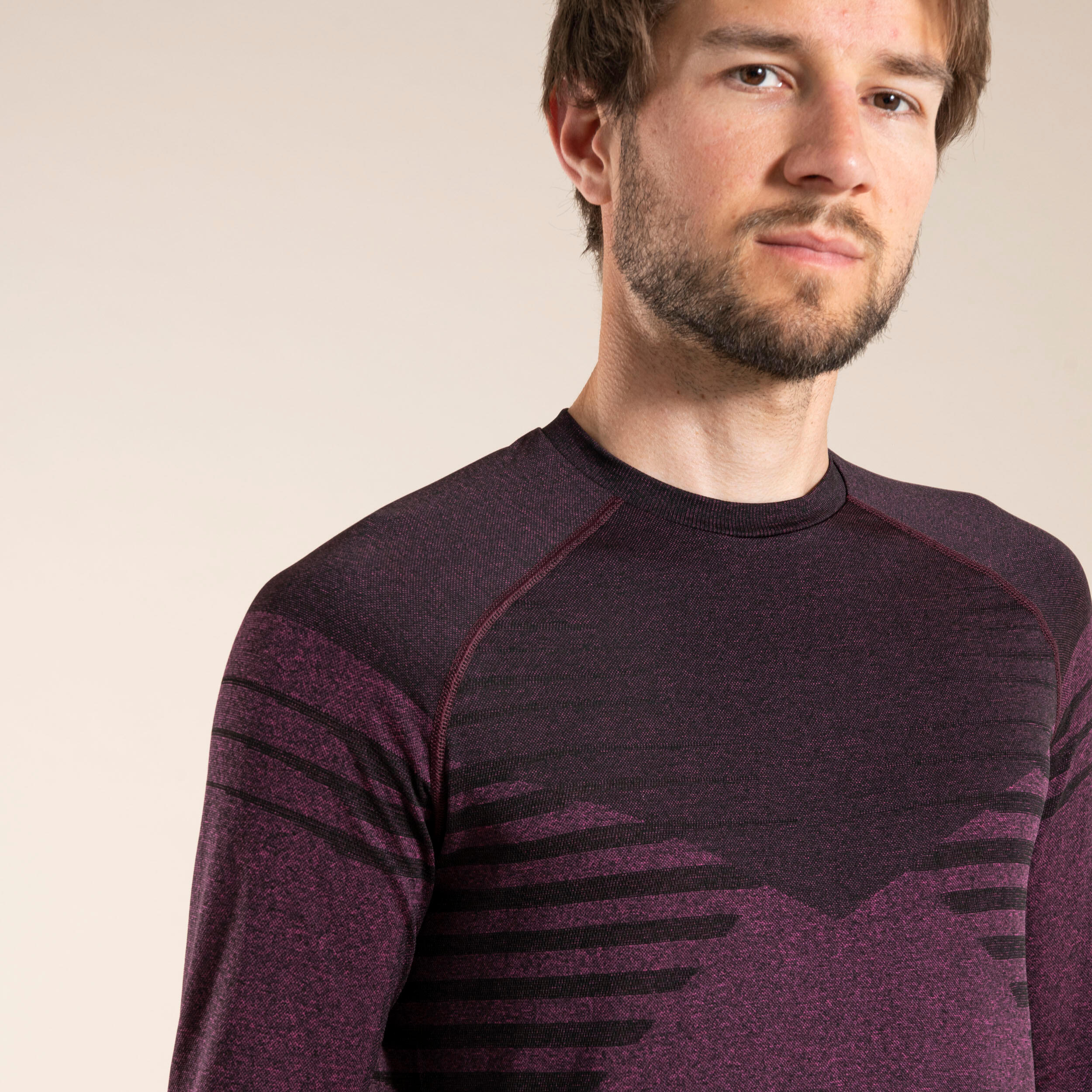 MEN'S LONG-SLEEVED SEAMLESS COMFORTABLE TRAIL RUNNING T-SHIRT - BLACK BURGUNDY 3/7