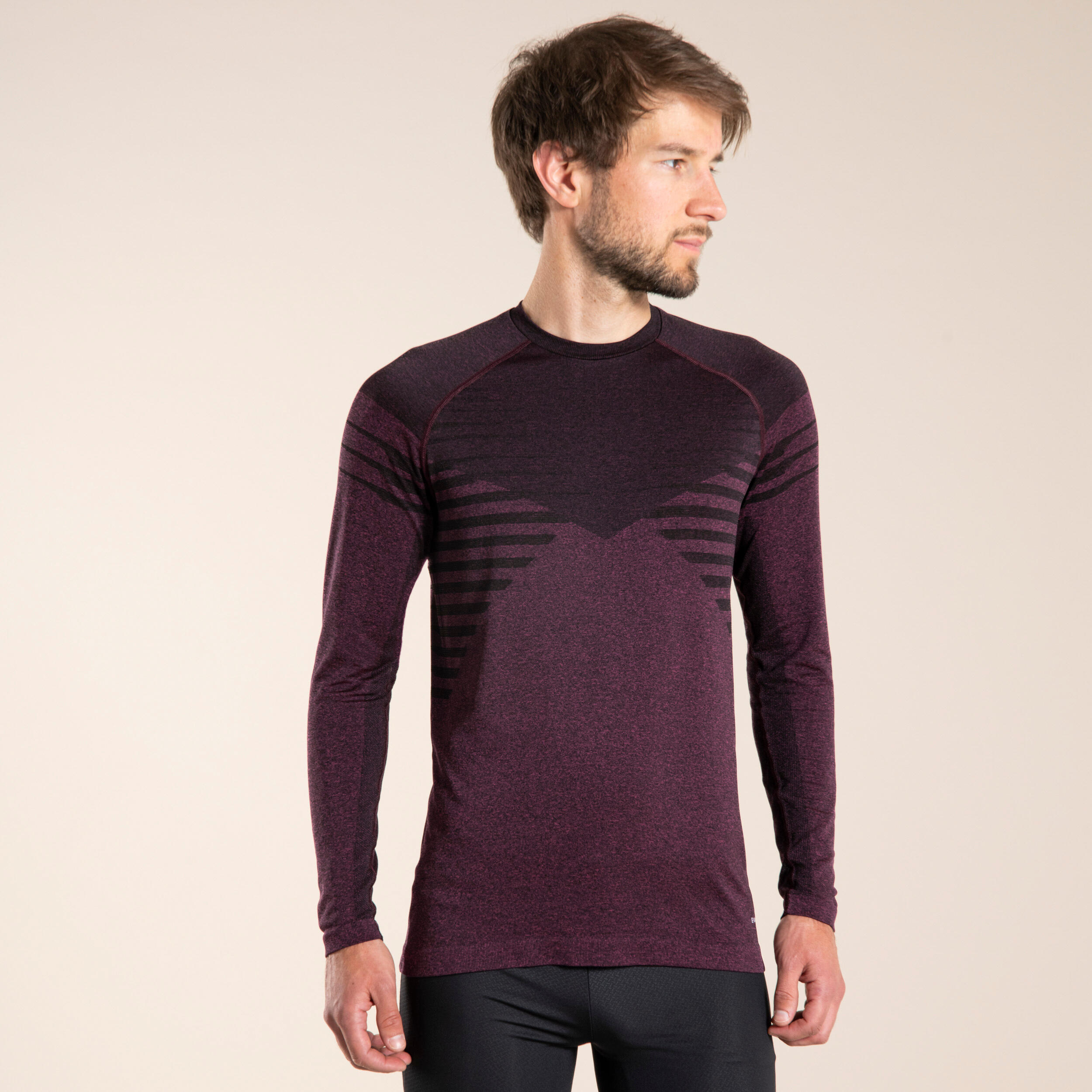 MEN'S LONG-SLEEVED SEAMLESS COMFORTABLE TRAIL RUNNING T-SHIRT - BLACK BURGUNDY 2/7