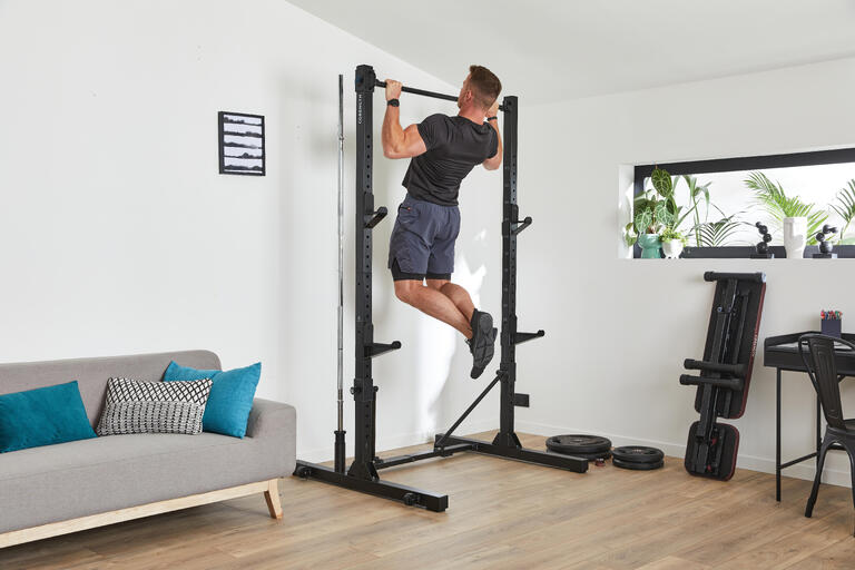 Corength fold-down weight training rack with pull up bar