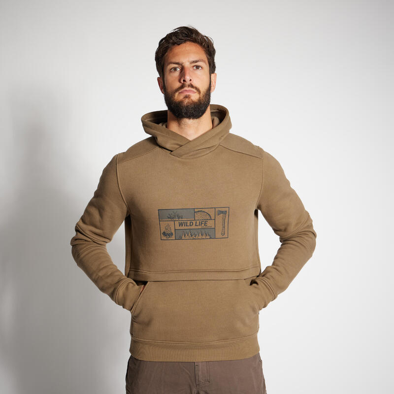 Erkek Kapüşonlu Sweatshirt - Avcılık ve Doğa Gözlemi - Bej - 500 Logo