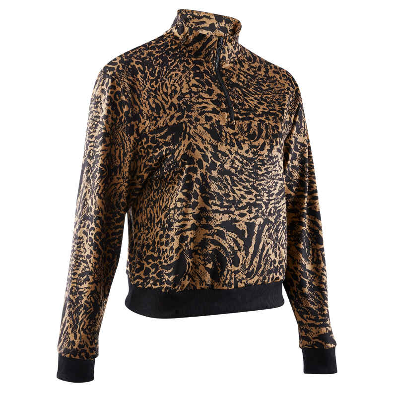 Sweatshirt kurzer Schnitt langärmelig Fitness Cardio Damen Leoparden-Print Sweatshirt kurzer Schnitt langärmelig Fitness Cardio Damen Leoparden-Print