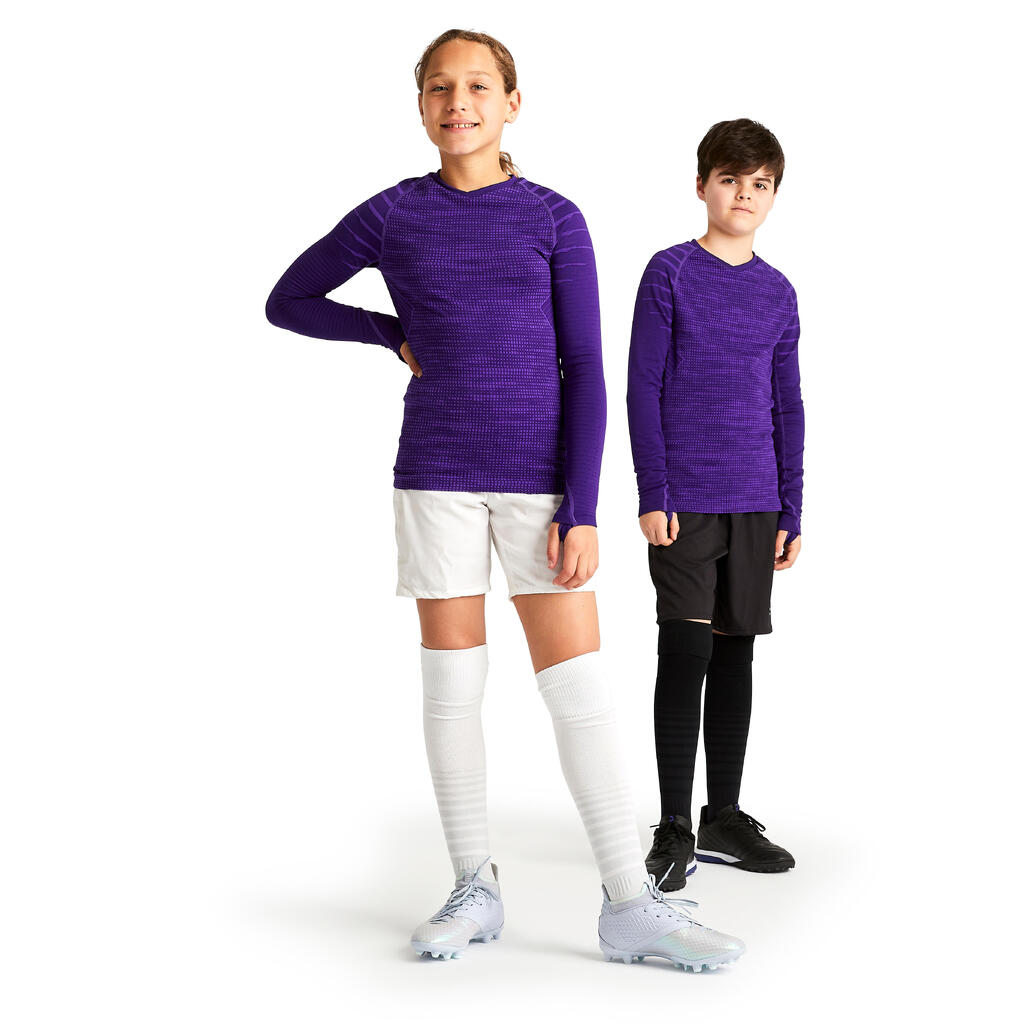 Detské spodné tričko na futbal Keepdry 500 s dlhými rukávmi fialové