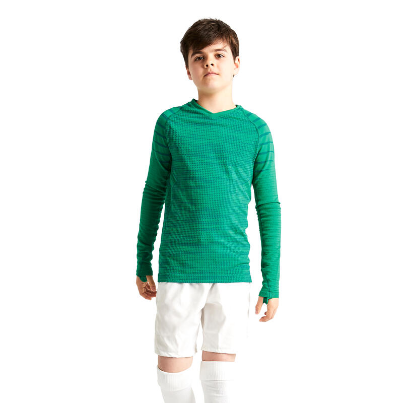 Camiseta térmica de fútbol manga larga Niño Kipsta Keepdry 500 verde