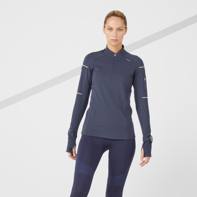 Maglia manica lunga running donna KIPRUN WARM LIGHT blu