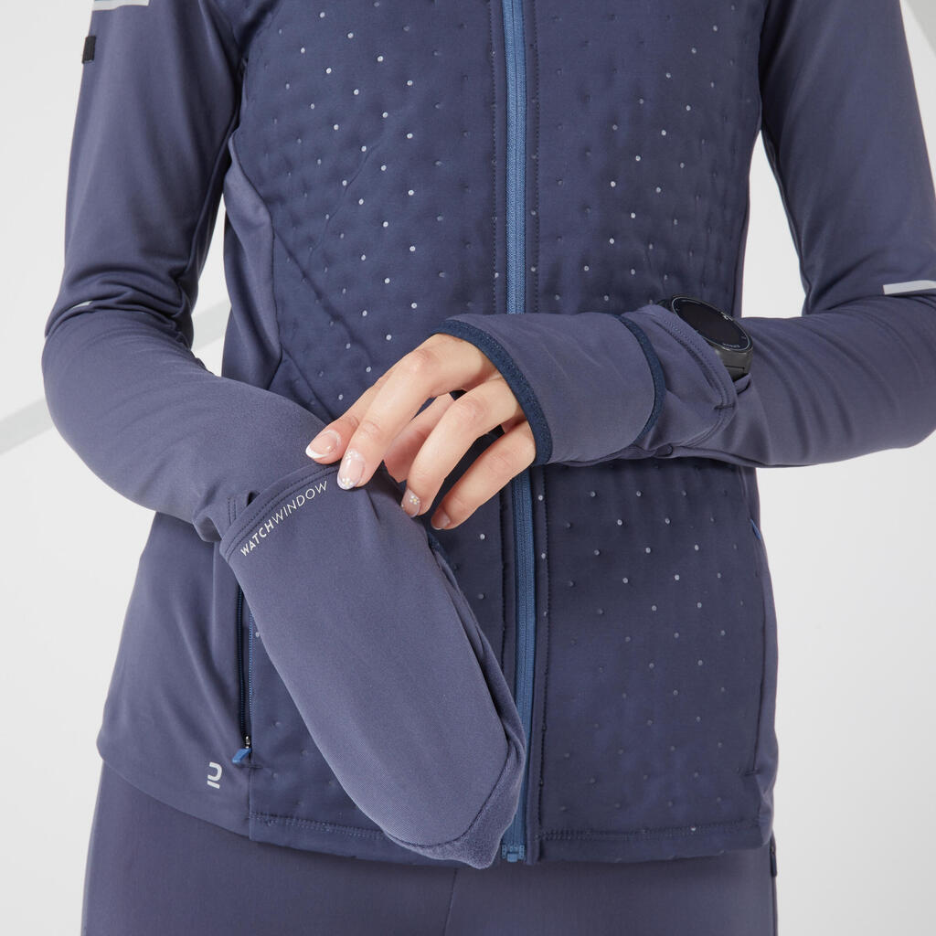 Moteriška žieminė bėgimo striukė „Kiprun Warm“, juoda, mėlyna