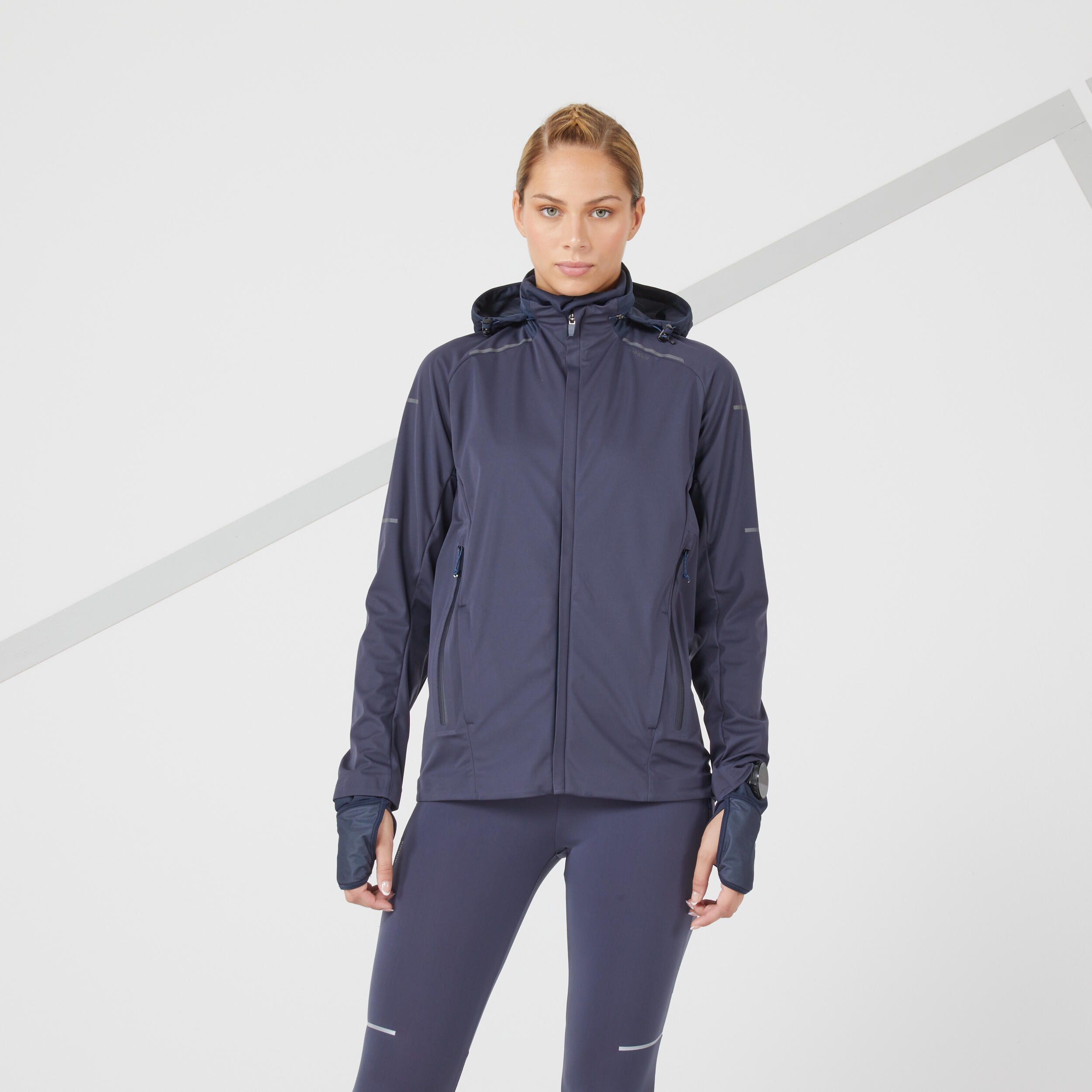 veste running hiver femme déperlante coupe-vent- kiprun warm regul bleu - kiprun