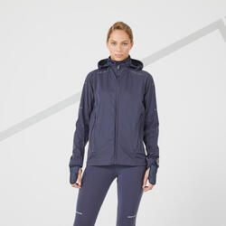 VESTE RUNNING HIVER FEMME DÉPERLANTE COUPE-VENT- KIPRUN WARM REGUL BLEU