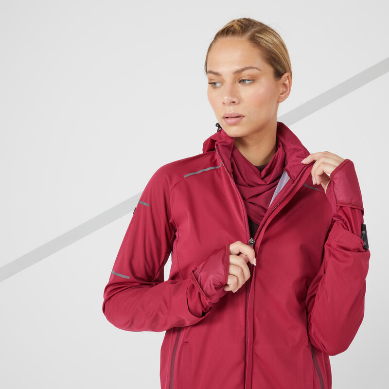 VESTE RUNNING HIVER FEMME DÉPERLANTE COUPE-VENT- KIPRUN WARM REGUL BORDEAUX